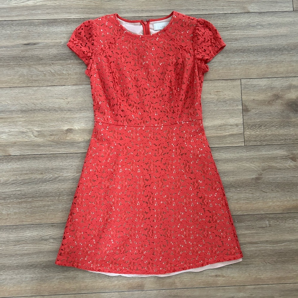 Ann Taylor LOFT Coral Lace Short Sleeve Dress Sz 2